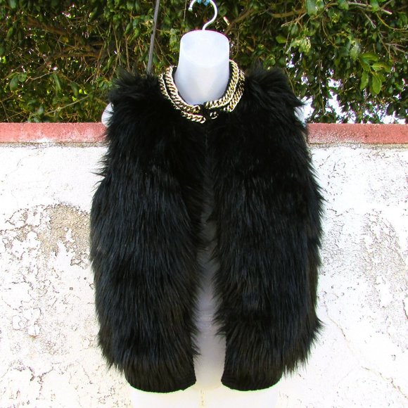 M Michael Kors black faux fur gold trim vest M